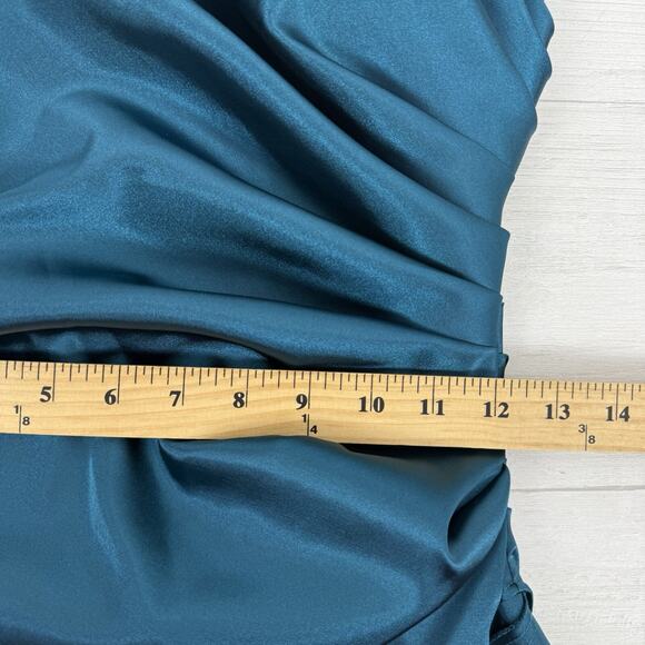 Xscape Strapless Mini Dress Size 4 Teal Satin Drape Wrap Cocktail Homecoming - Picture 14 of 16